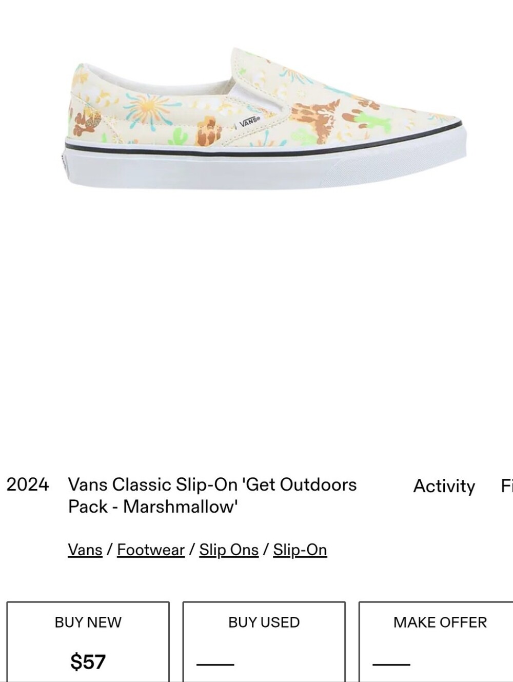 Vans "Get on Outdoors" Marshmallow Unisex Slip Ons, 8/9.5 - Picture 13 of 13
